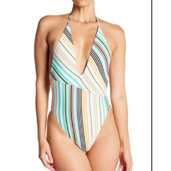 The Bikini Lab Striped Asymmetrical Waist One Piece Swimsuit Women's Medium - Picture 1 of 7